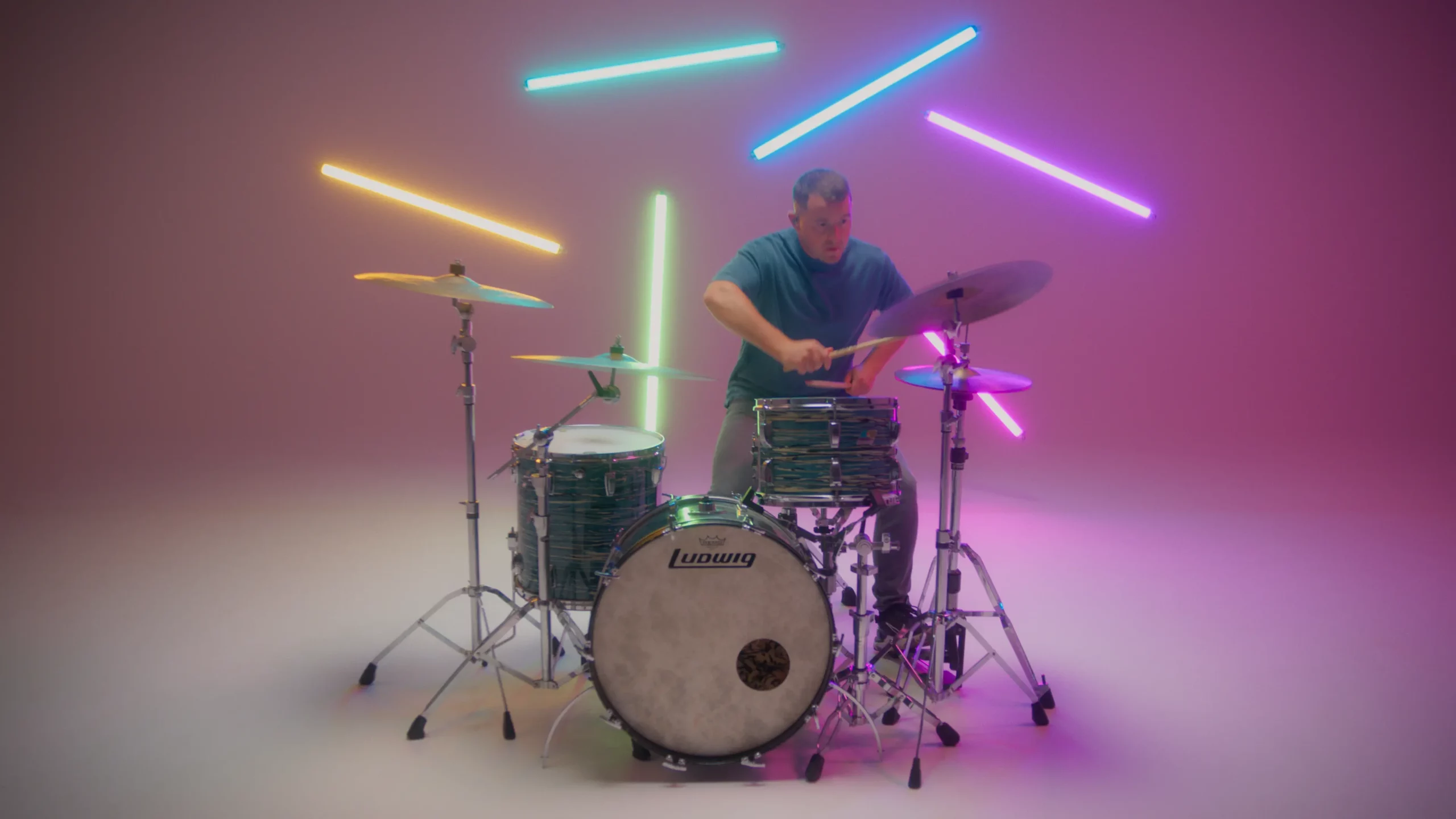 Drummer performing in white space at Un.Titled Studio's Manchester.